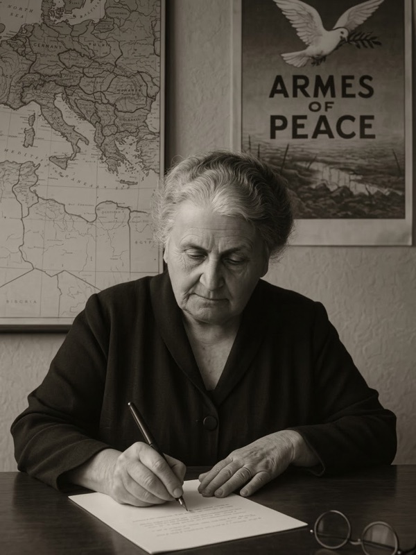 Maria Montessori scrive alla scrivania